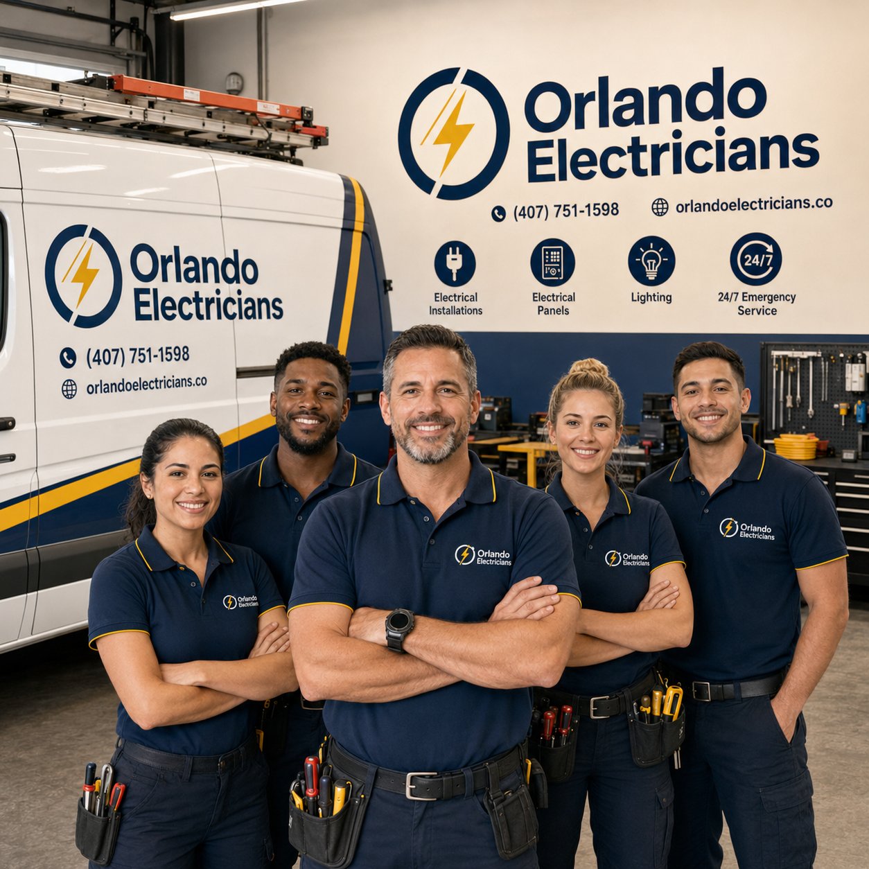 The licensed Orlando Electricians team in front of their branded service van