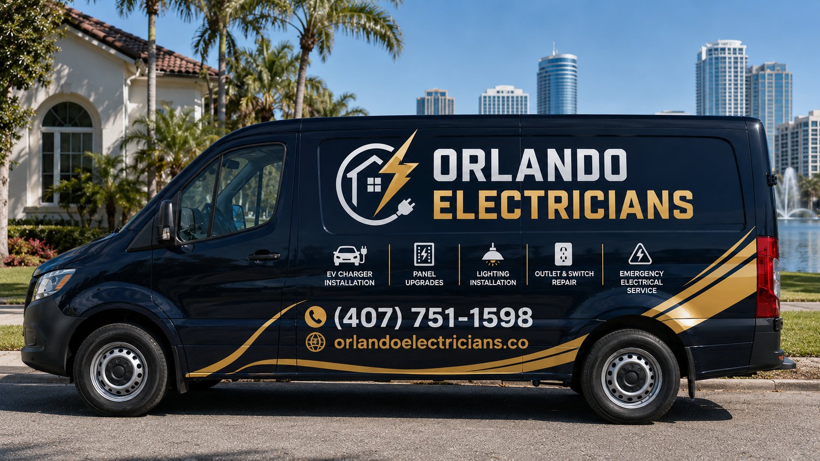 Orlando Electricians branded service van parked in an Orlando neighborhood